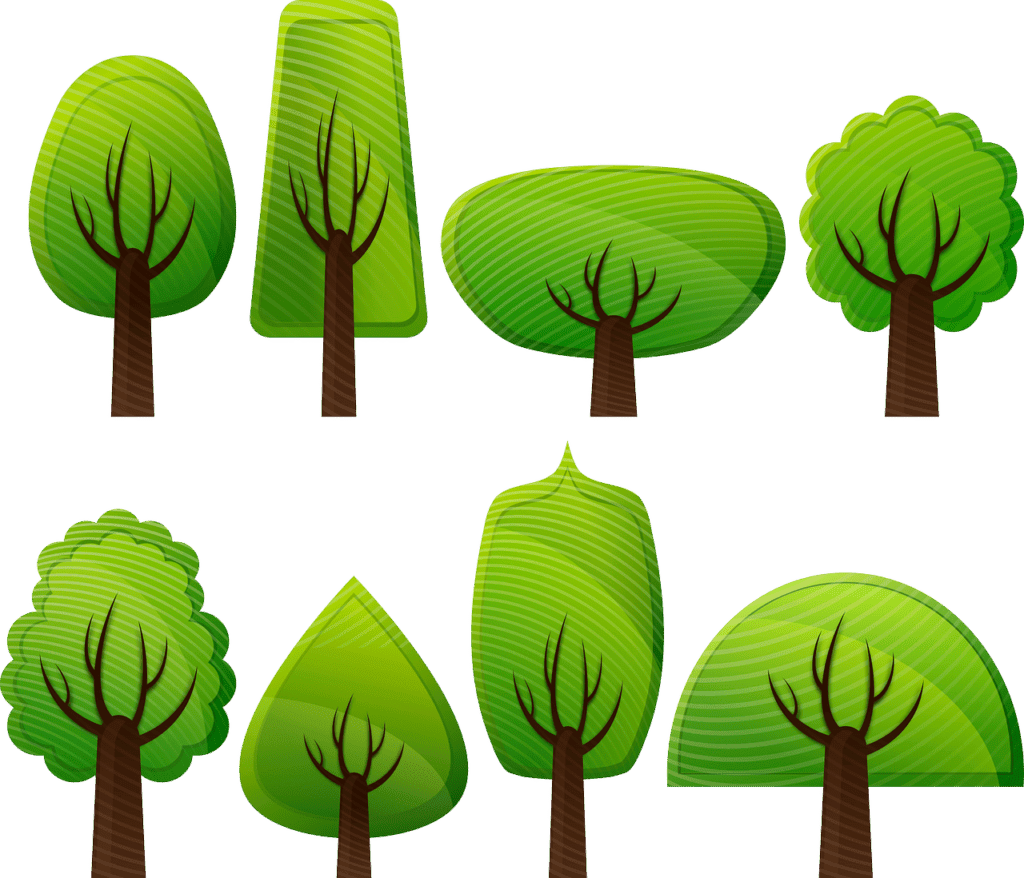 Illustration of eight different tree shapes in green