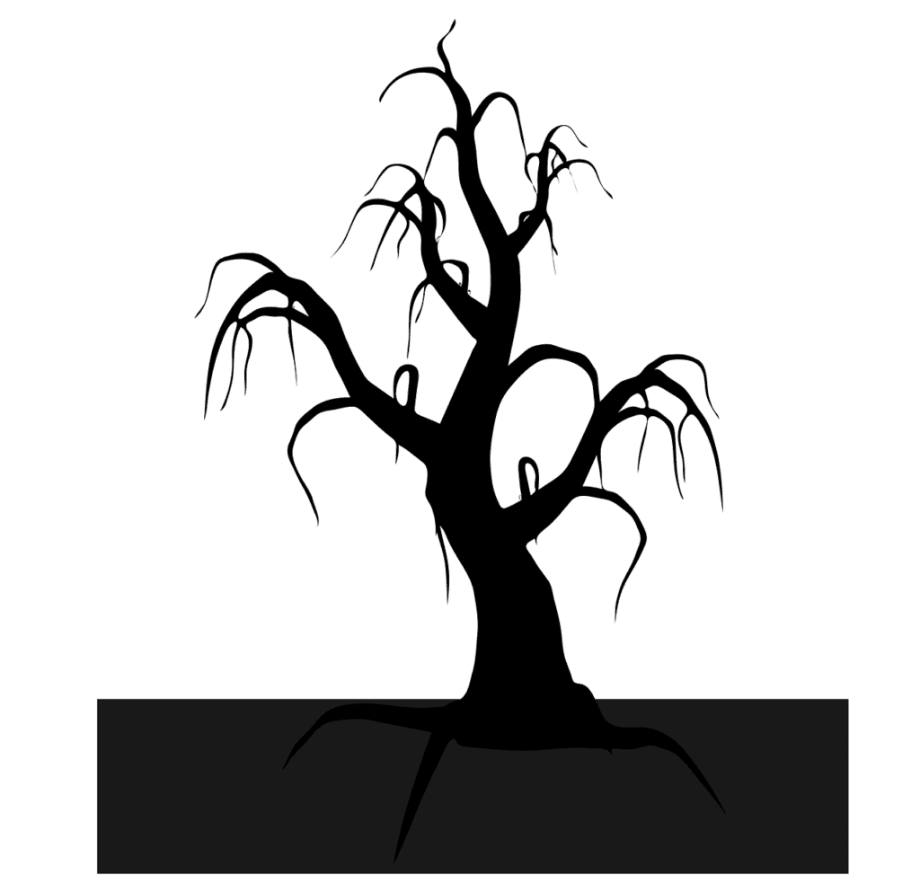 Silhouette illustration of a dead tree with bare, twisted branches