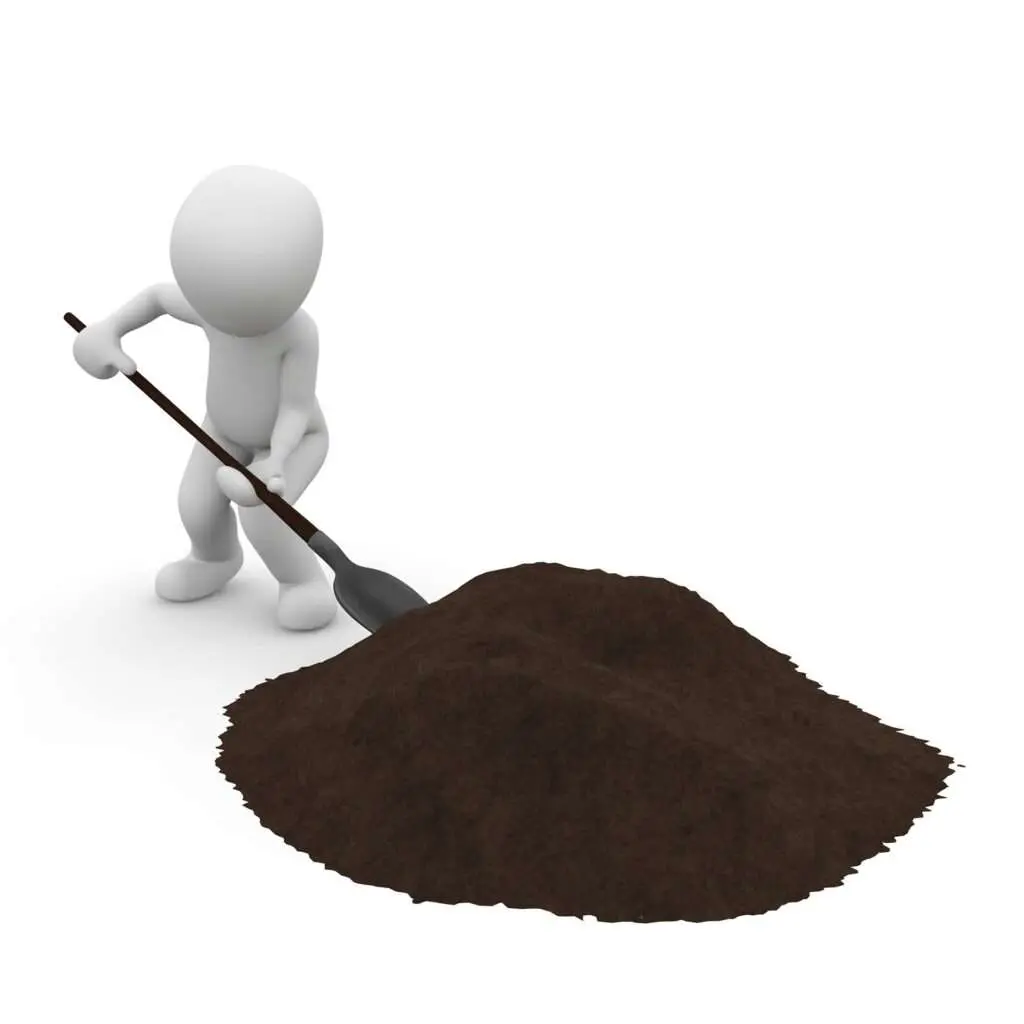 Illustration of a figure shovelling a pile of soil to backfill a stump hole