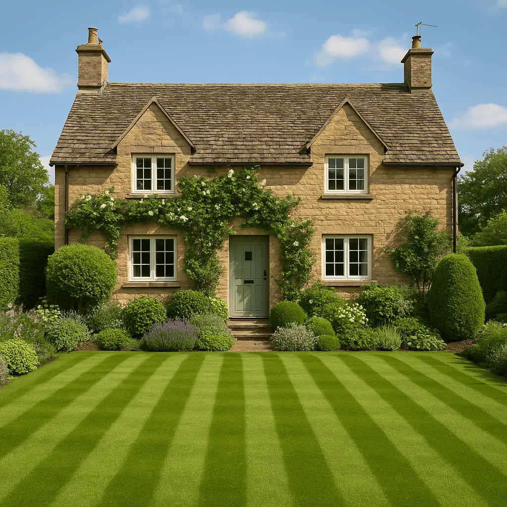 Stone cottage with climbing roses and a freshly striped lawn
