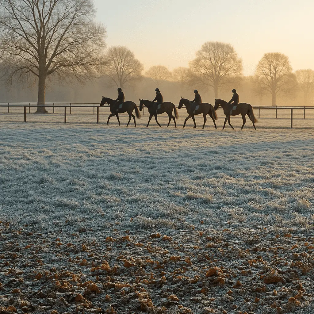 Racehorses on the frosty Newmarket gallops at sunrise in winter